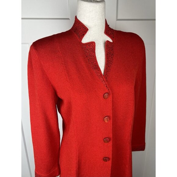Vintage Toula Red Crystal Knit Skirt Suit Evening Jacket Set Size 12 Elegant - Picture 13 of 14